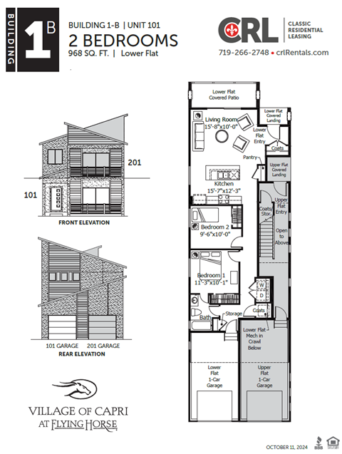A drawing of a two bedroom building with a floor plan and elevation.